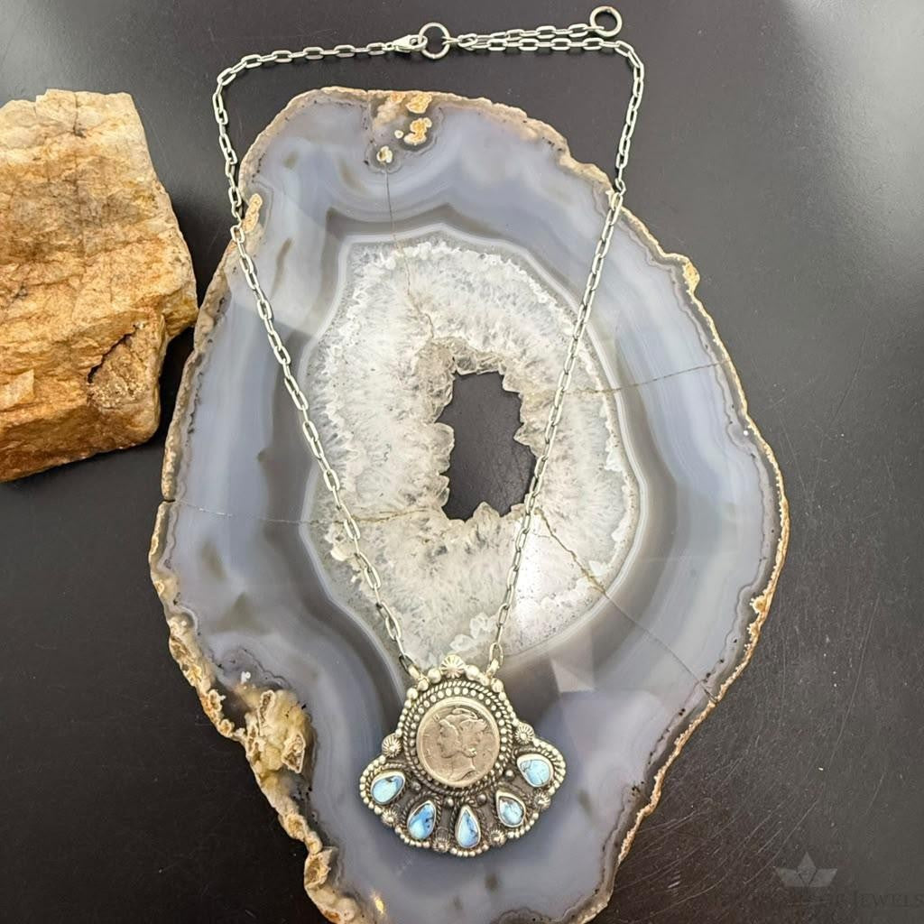 Sterling Silver Southwestern Style 1942 Mercury Dime & Golden Hill Turquoise Necklace For Women