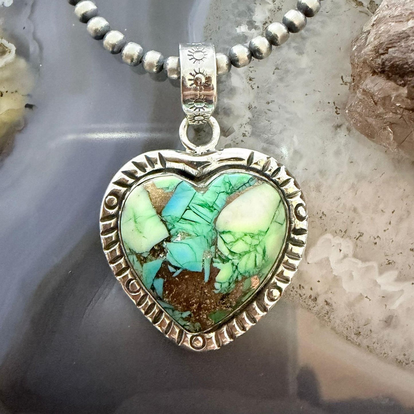 Sterling Silver Southwestern Style Green Turquoise Dahlia Heart Pendant For Women