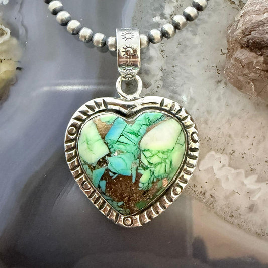 Sterling Silver Southwestern Style Green Turquoise Dahlia Heart Pendant For Women