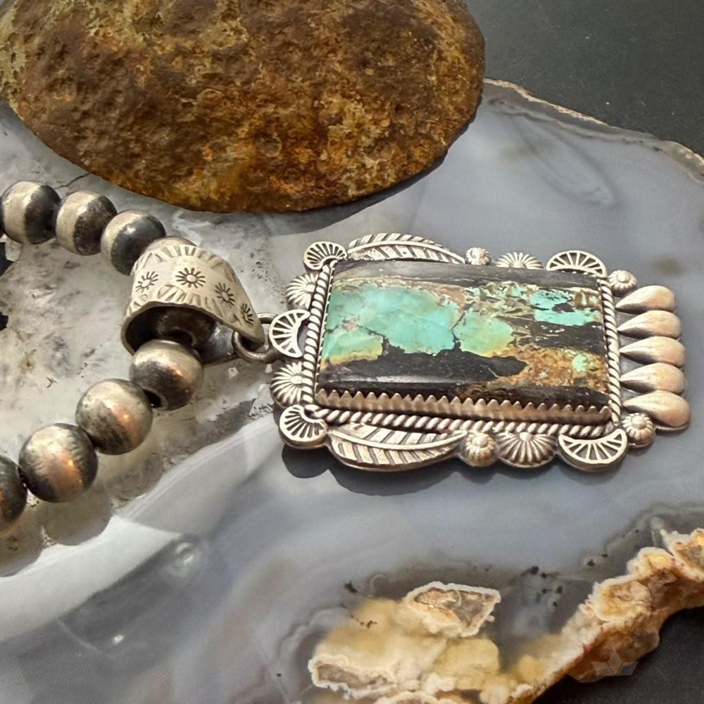 Sterling Silver Southwestern Style Rectangle Blackjack Turquoise Decorated Pendant #2