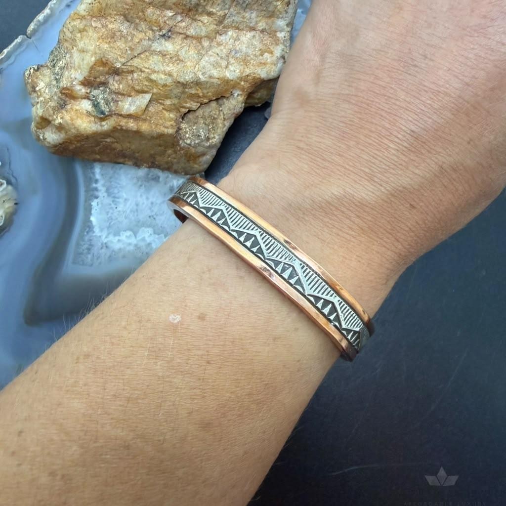 Wylie Secatero Navajo Sterling Silver & Copper Stamped Bracelet For Women #2