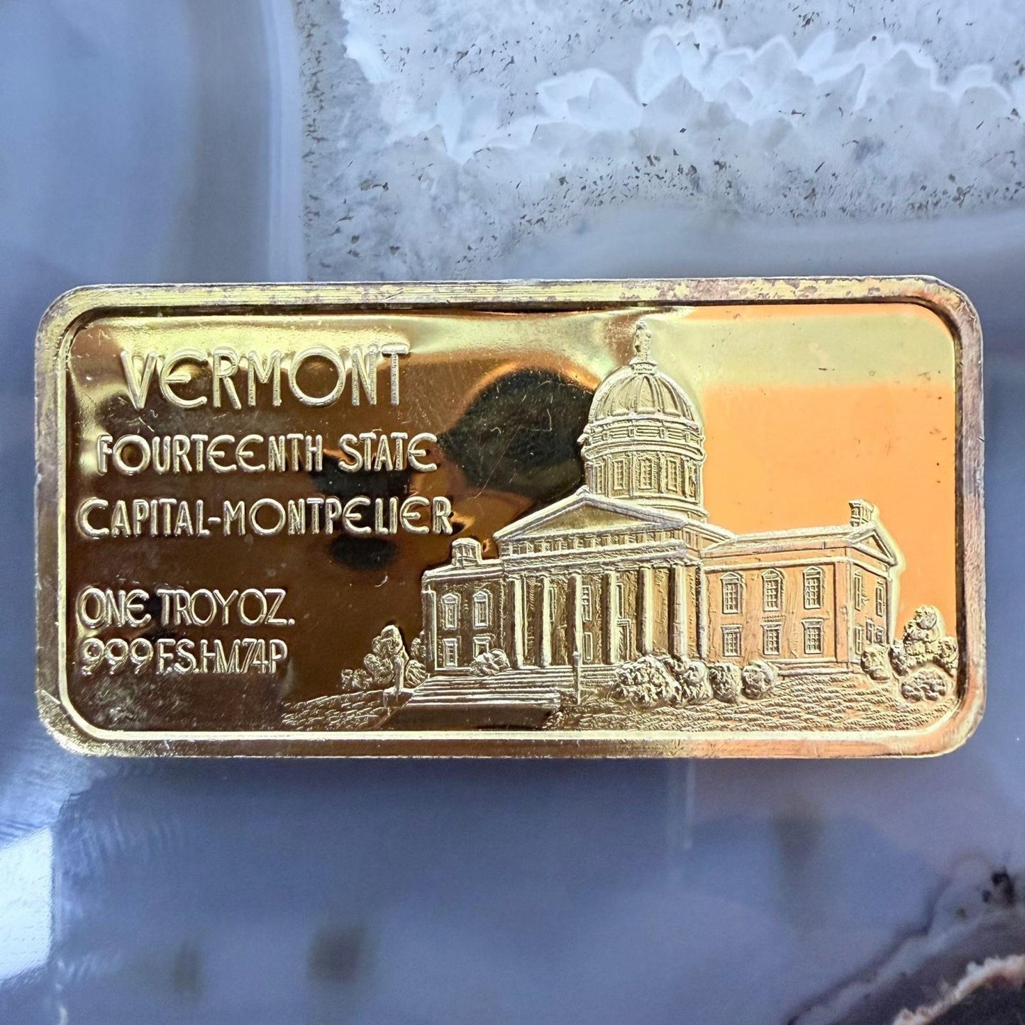 US .999 One Ounce Silver Vermont Bar w/24K Gold Plated Hamilton Mint #112825-6