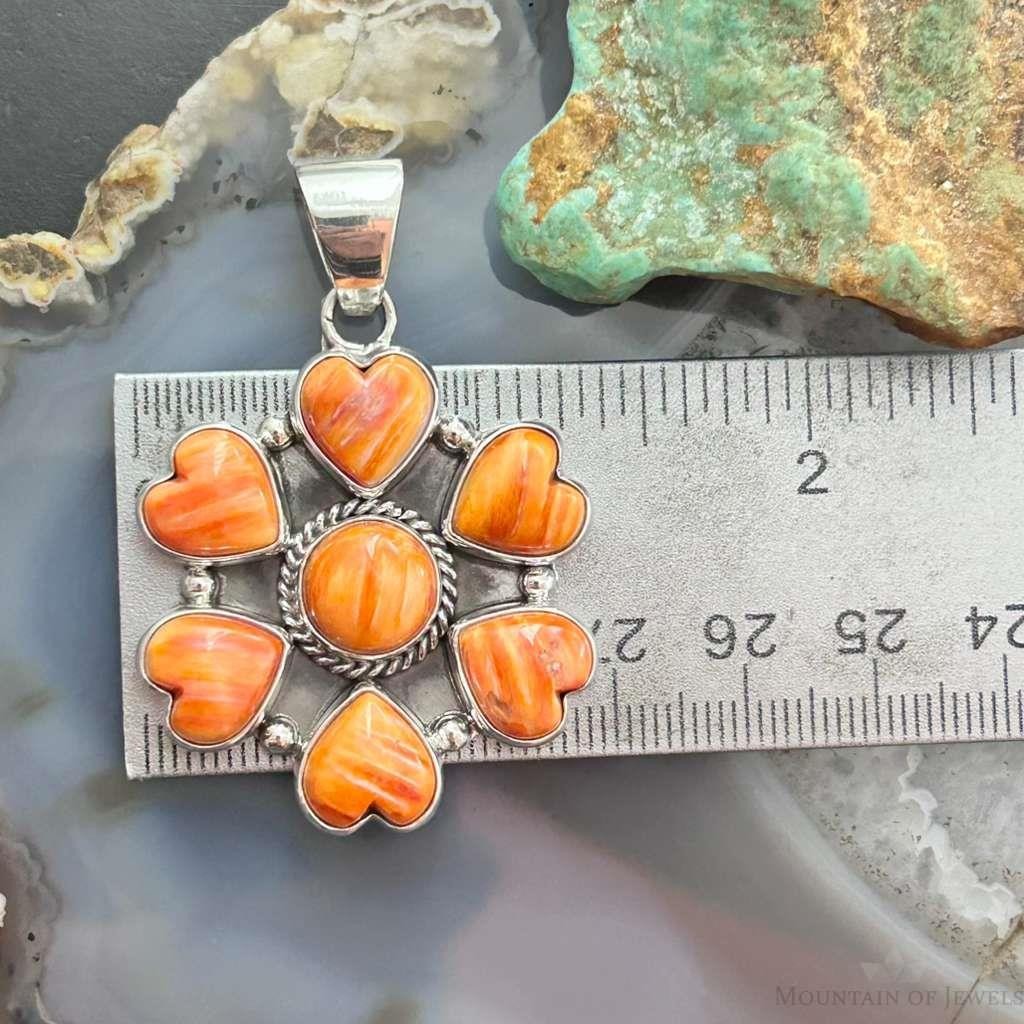 Native American Sterling Silver Hearts Spiny Oyster Cluster Pendant For Women
