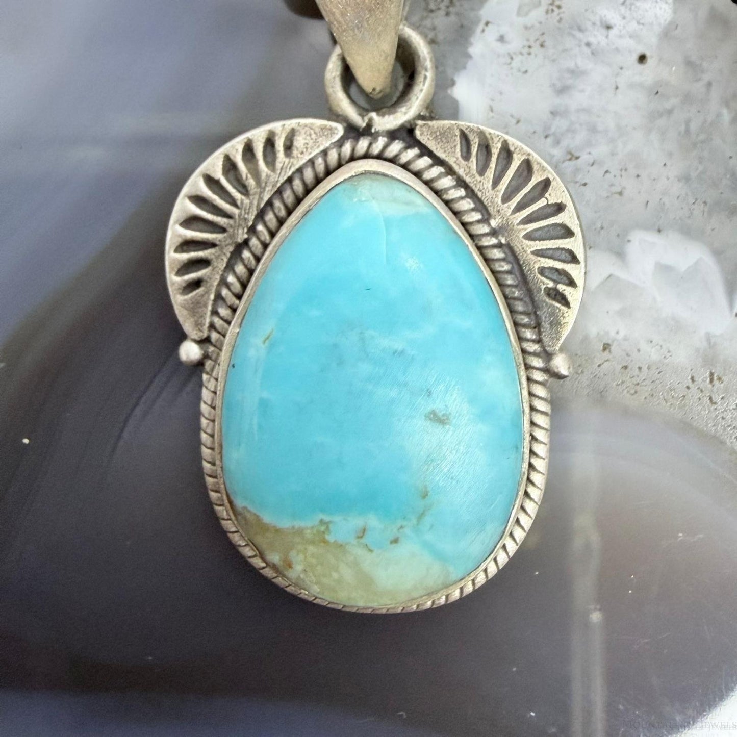 Sterling Silver Southwestern Style Wide Teardrop Kingman Turquoise Decorated Pendant