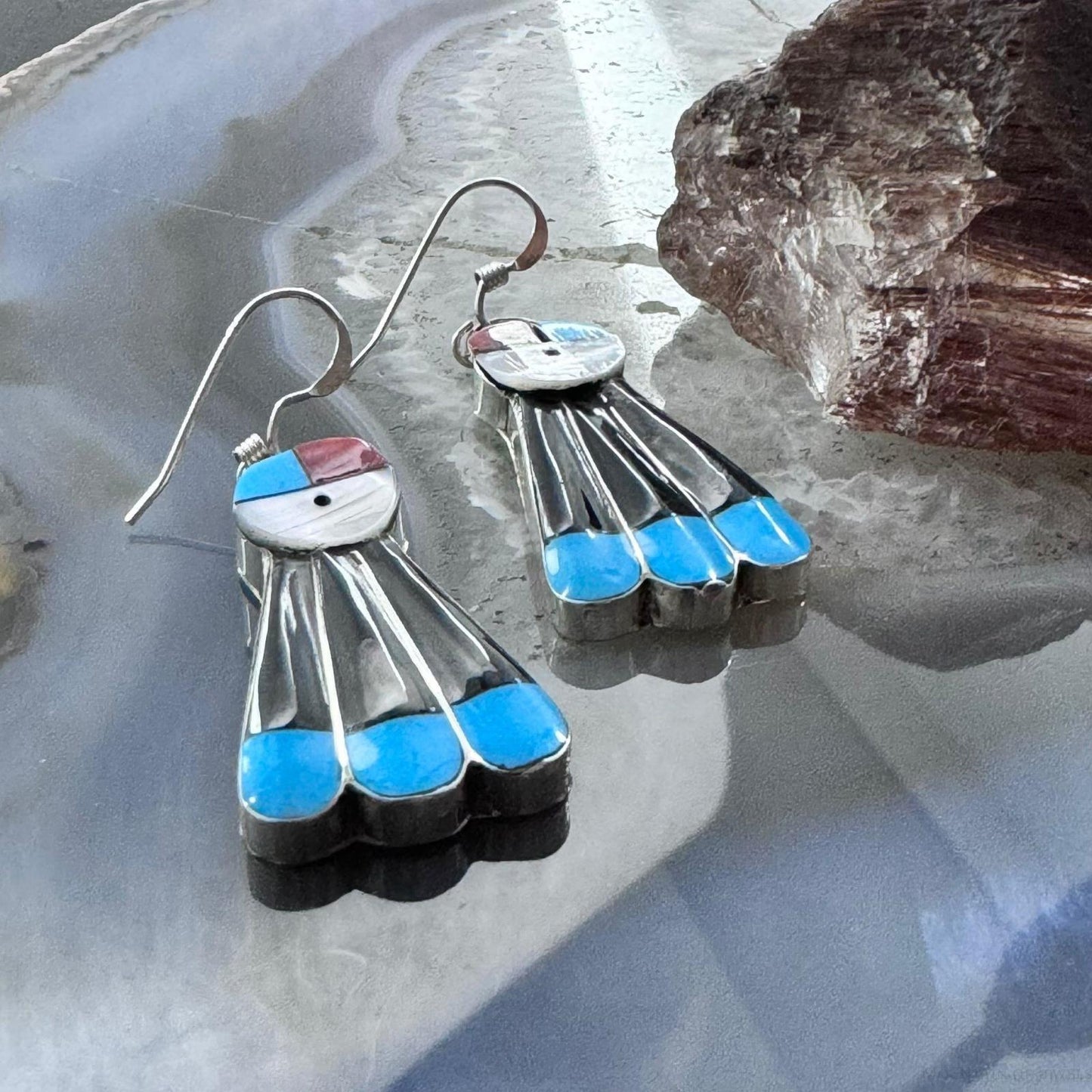 Clayton Vacit Zuni Silver Multistone Inlay Sunface Dangle Earrings For Women