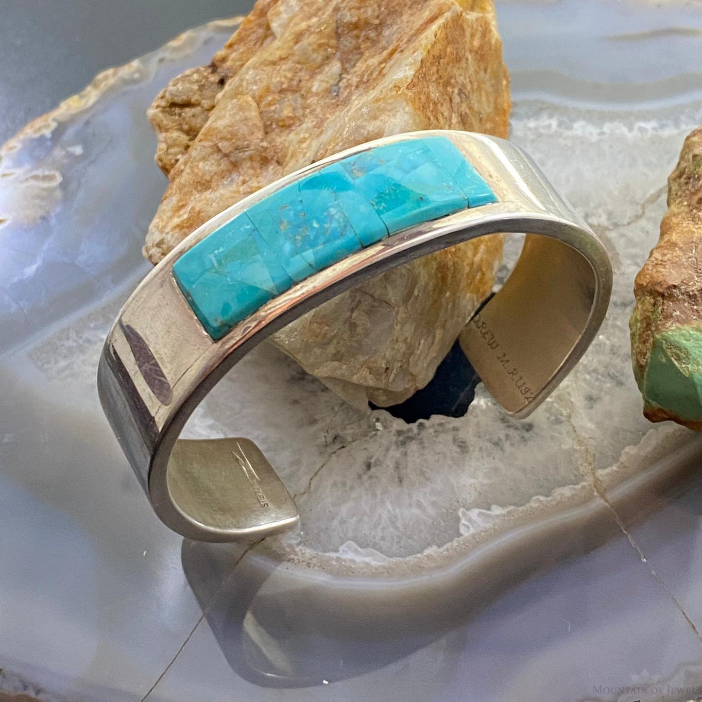 Drew M. Ruiz Native American Sterling Silver Inlay Turquoise Bracelet For Women