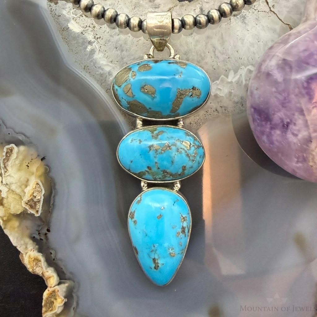 Sterling Silver Southwestern Style 3 Kingman Turquoise Pendant For Women #3