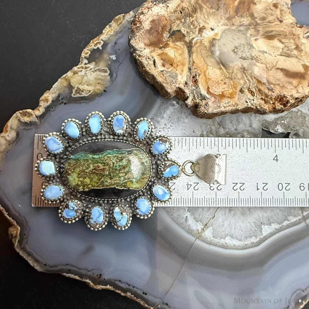 Sterling Silver Southwestern Style Blackjack & Golden Hill Turquoise Pendant For Women
