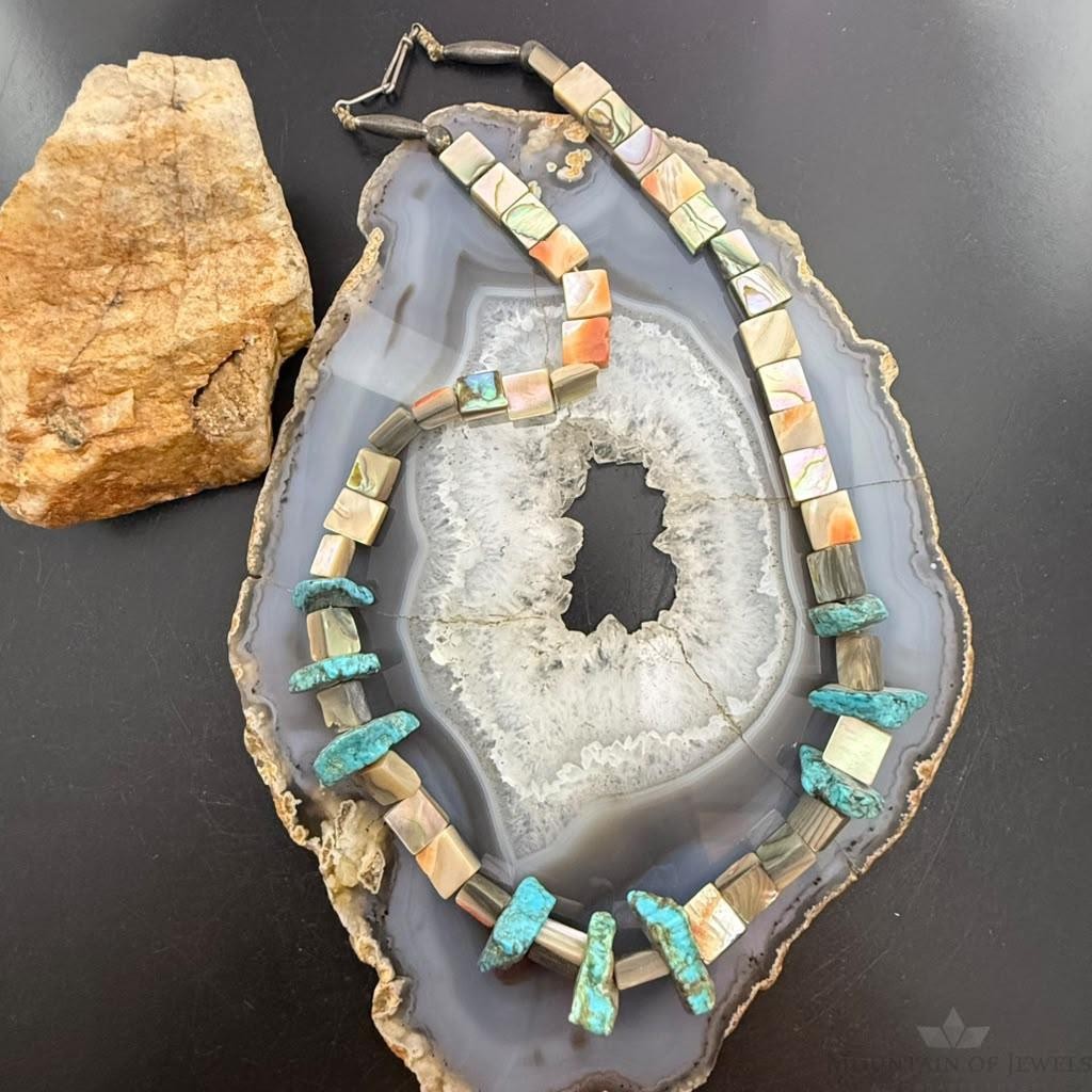 Vintage Silver Native American Chunky Turquoise w/Abalone 21" Necklace For Women