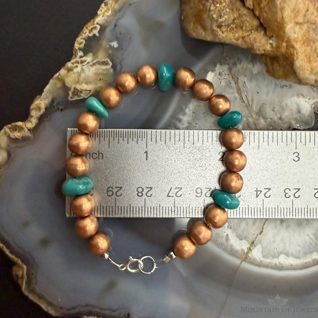 Copper 7.5mm Pearl Beads & Turquoise 6.25" Bracelet For Women