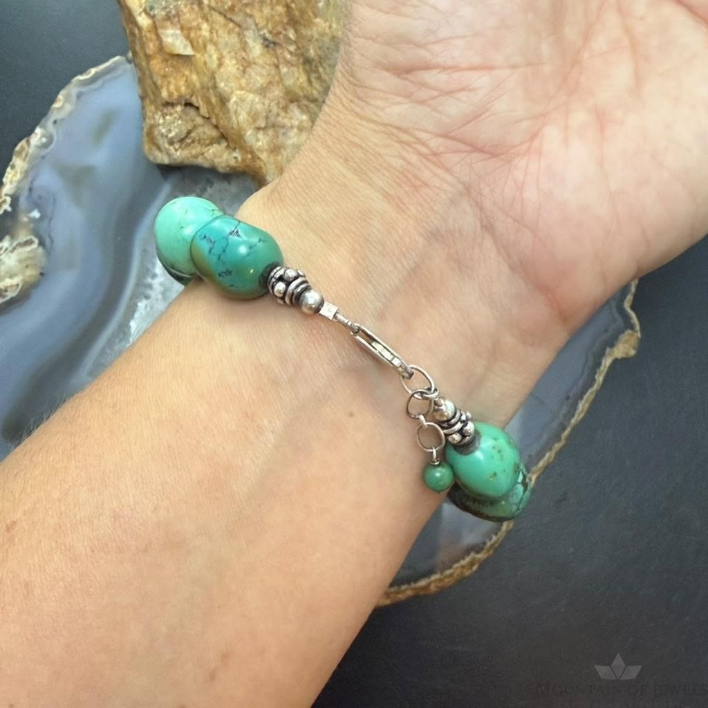 Vintage Sterling Silver 12 Large Turquoise Beads 6.75" Bracelet For Women