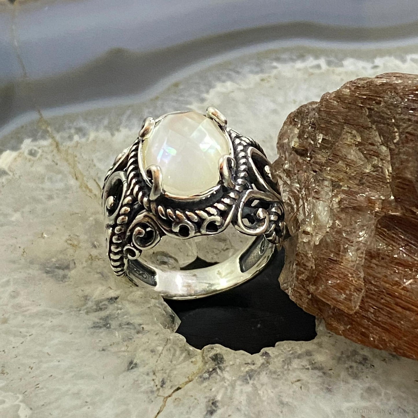 Carolyn Pollack Sterling Silver Oval Mother of Pearl & Quartz Decorated Doublet Ring For Women