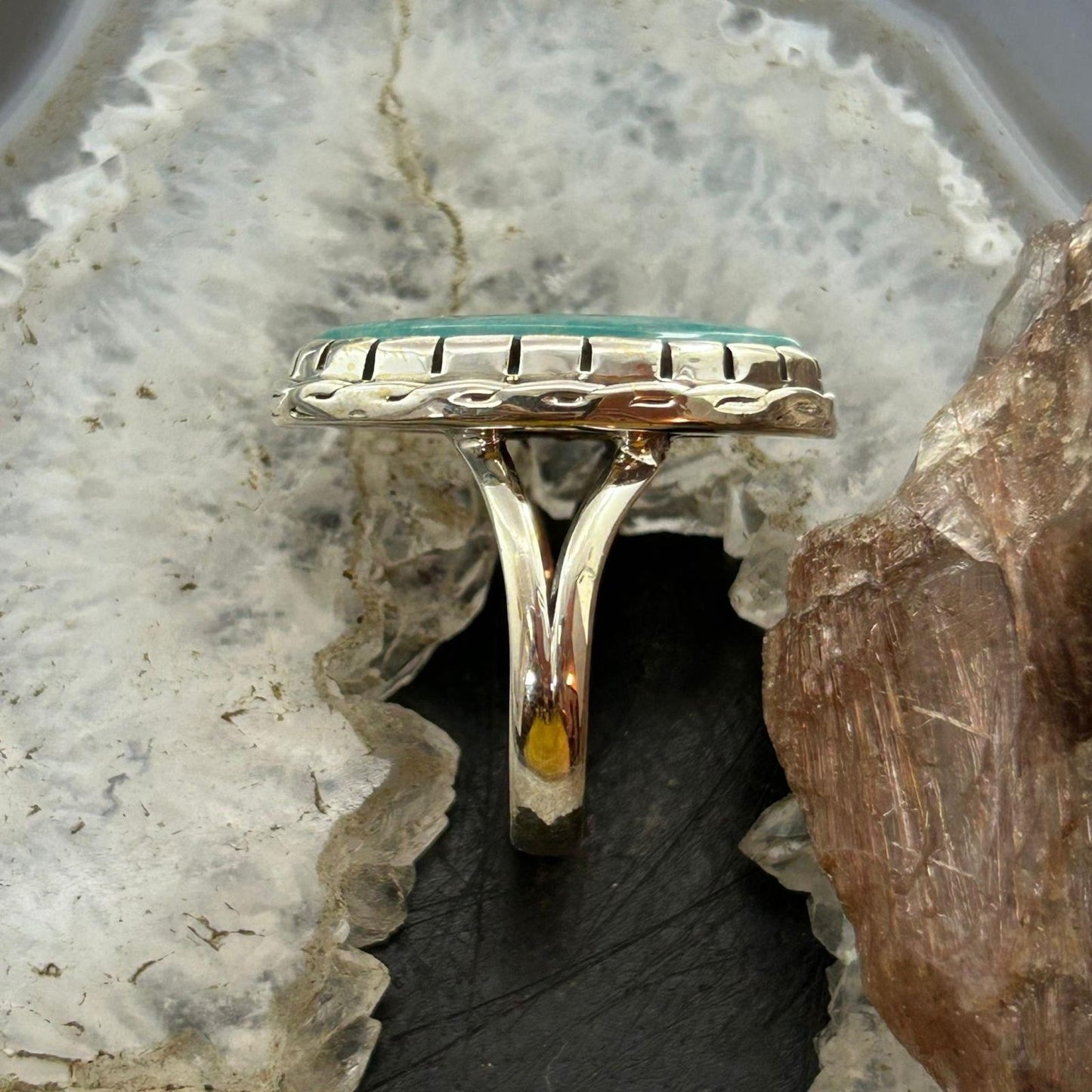 Sterling Silver Southwestern Style Oval Amazonite Decorated Ring Size 10 For Women