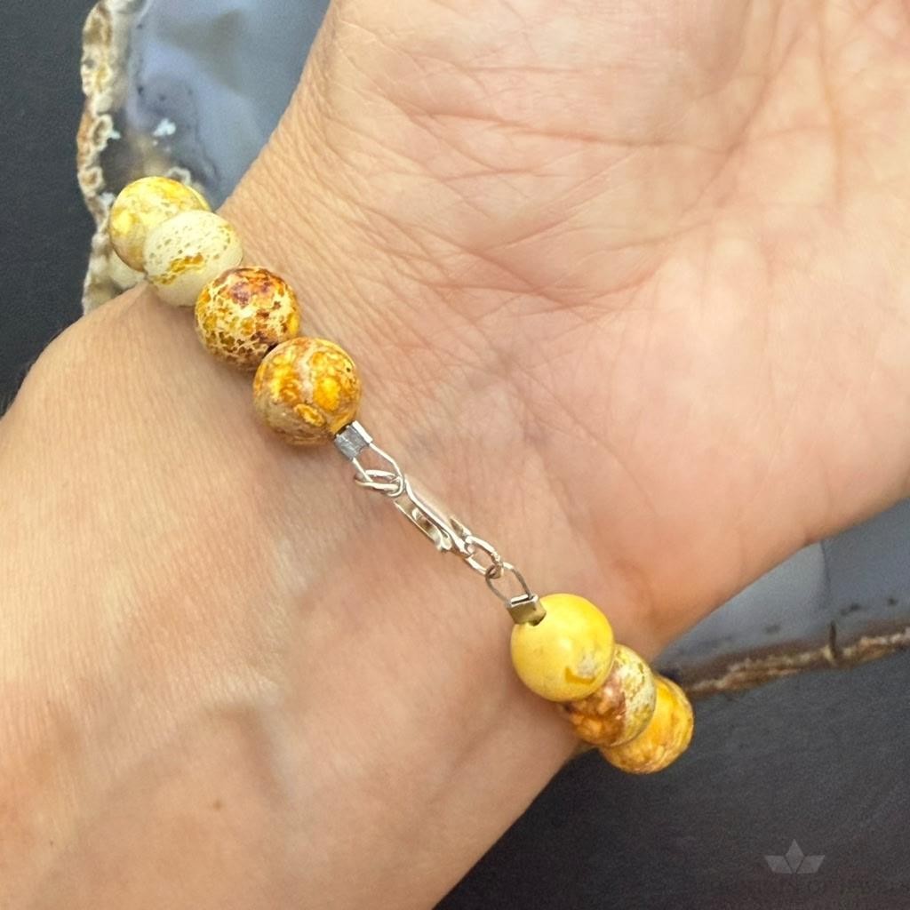 Sterling Silver 8mm Round Snake Skin Jasper Beads 7" Bracelet For Women