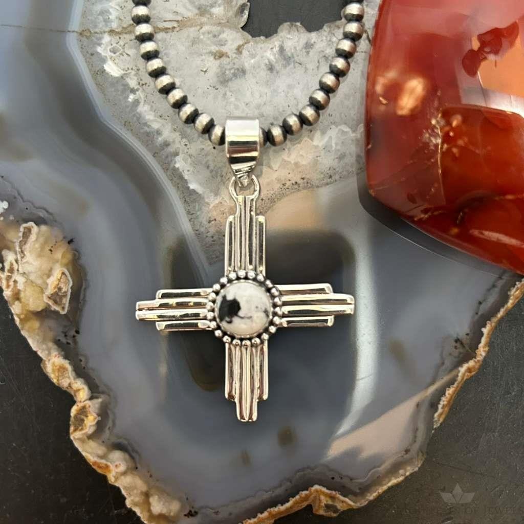 Sterling Silver Southwestern Style Round White Buffalo Unisex Zia Pendant #1