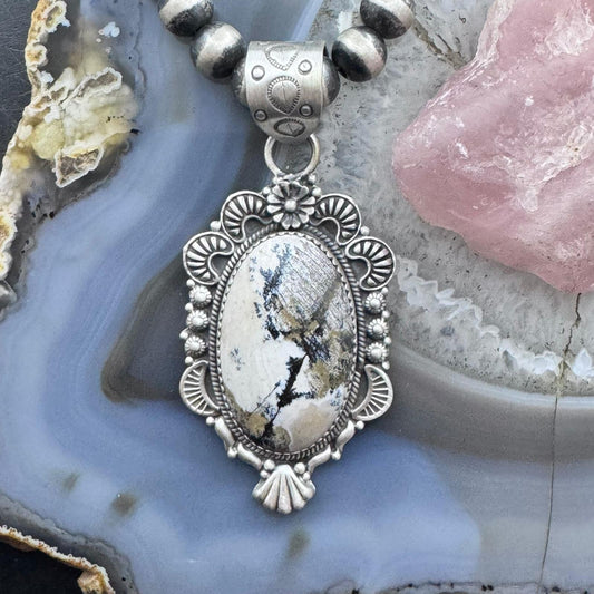 Sterling Silver Southwestern Style Oval Dendritic Agate Flower Decorated Pendant For Women