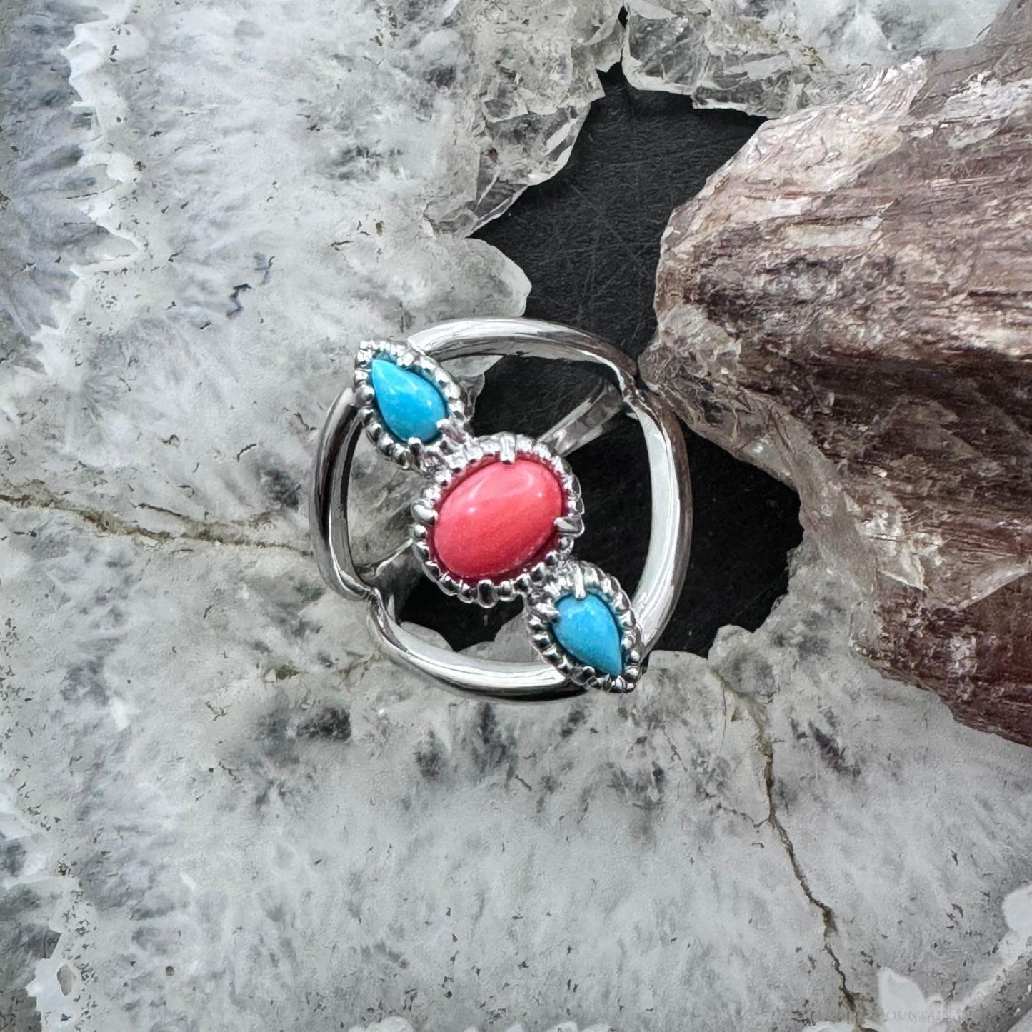 Carolyn Pollack Sterling Silver 2 Turquoise & 1 Coral Split Shank Ring For Women