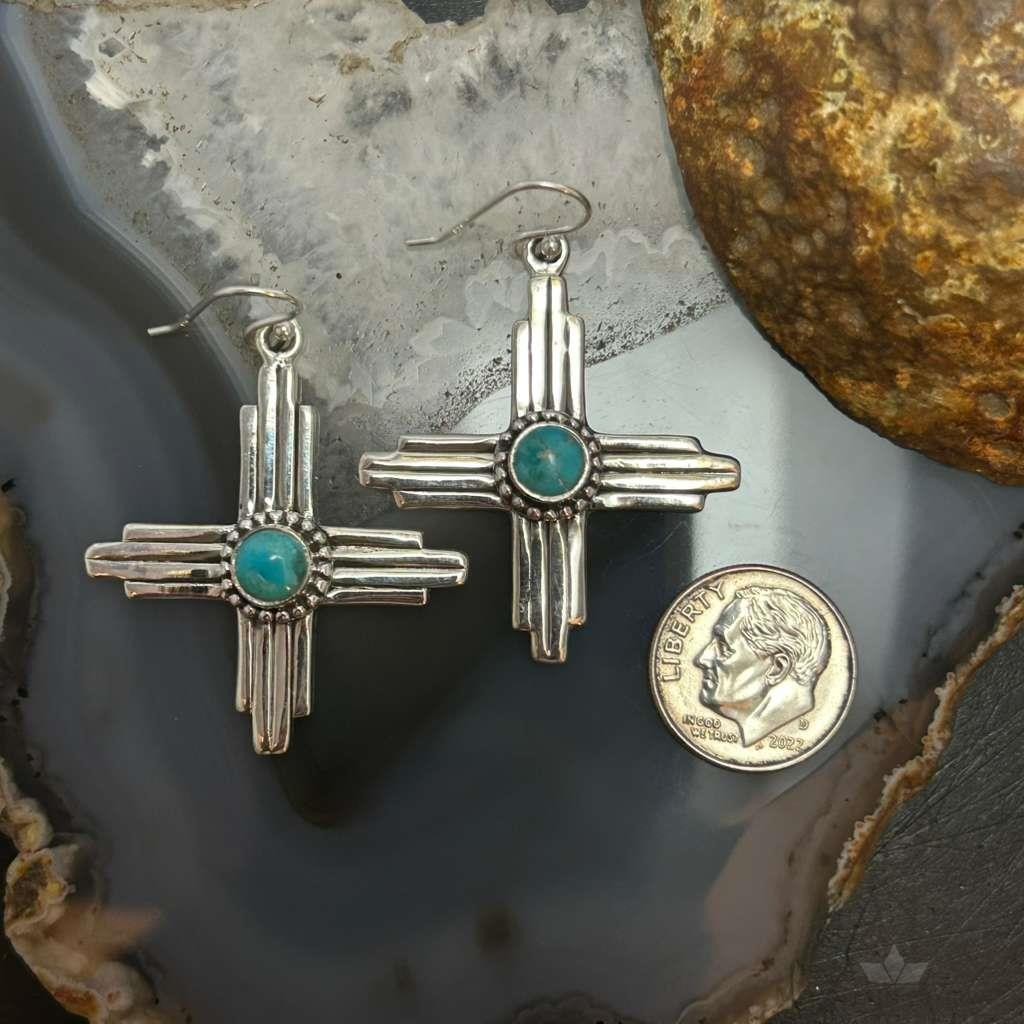 Sterling Silver Southwestern Style Round Mohave Turquoise Zia Dangle Earrings For Women