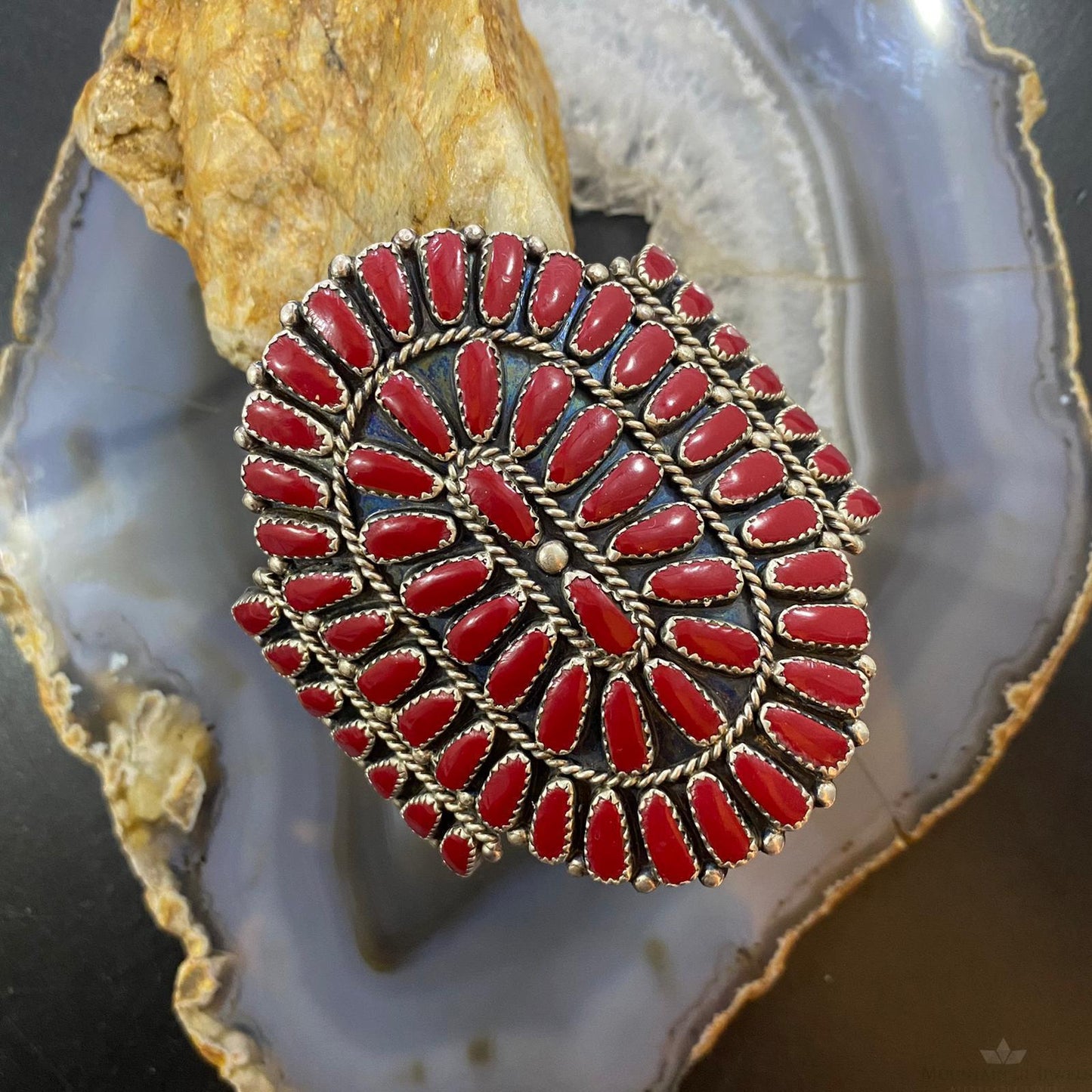 Native American Sterling Silver Block Coral Cluster Decorated Bracelet For Women