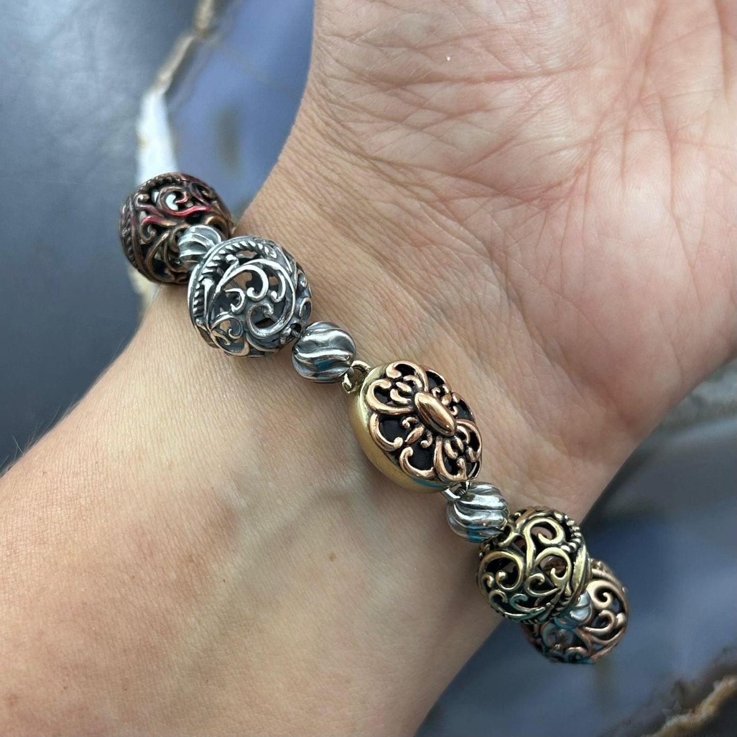 Carolyn Pollack Sterling Silver, Brass, Copper Decorated Swirl Beads Bracelet For Women