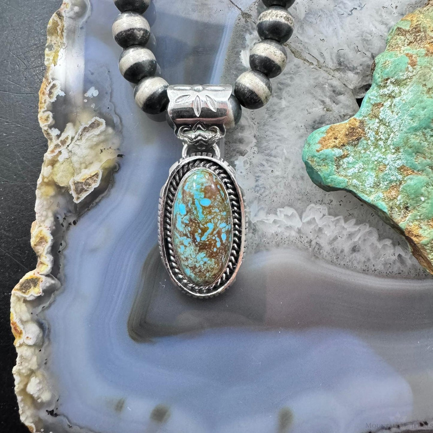 Native American Sterling Silver Elongated Oval Turquoise Unisex Pendant #1