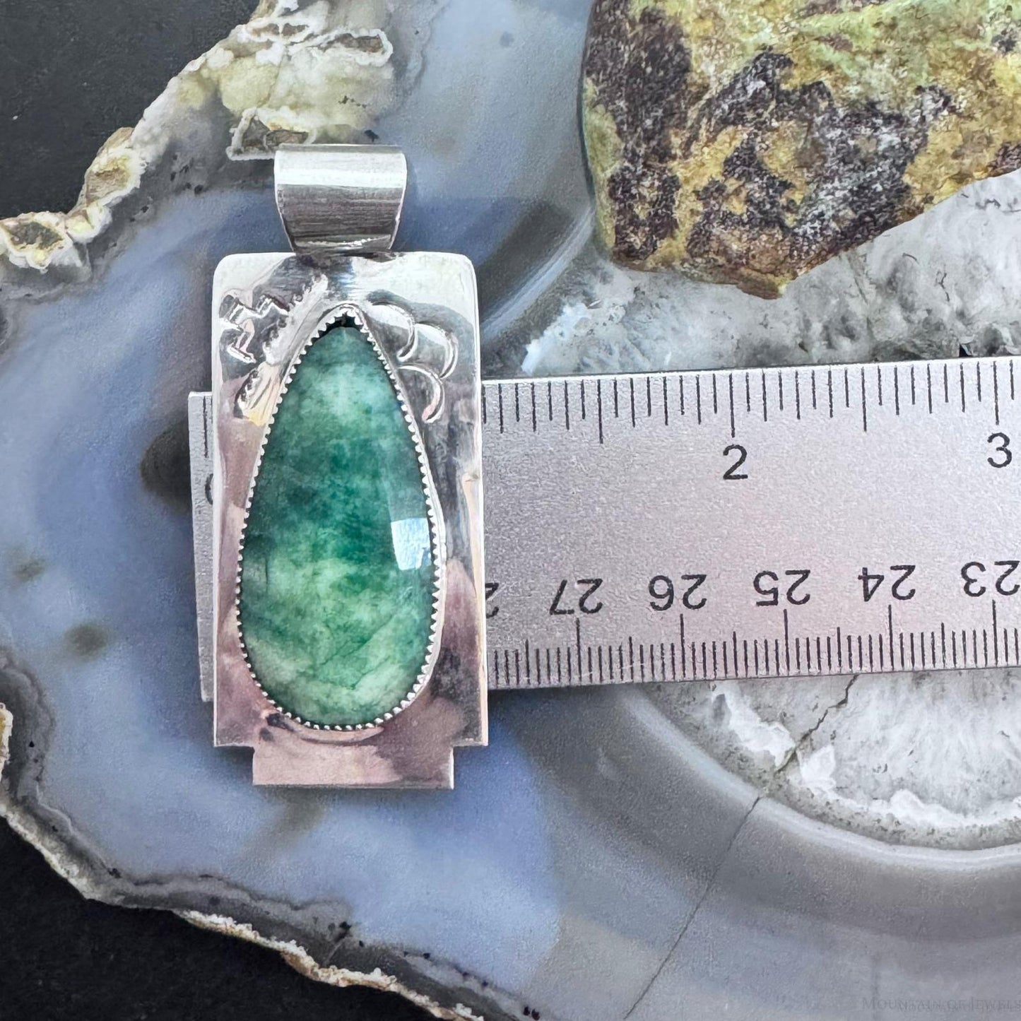 Frank Chavez Native American Sterling Silver Teardrop Faceted Moss Agate Pendant