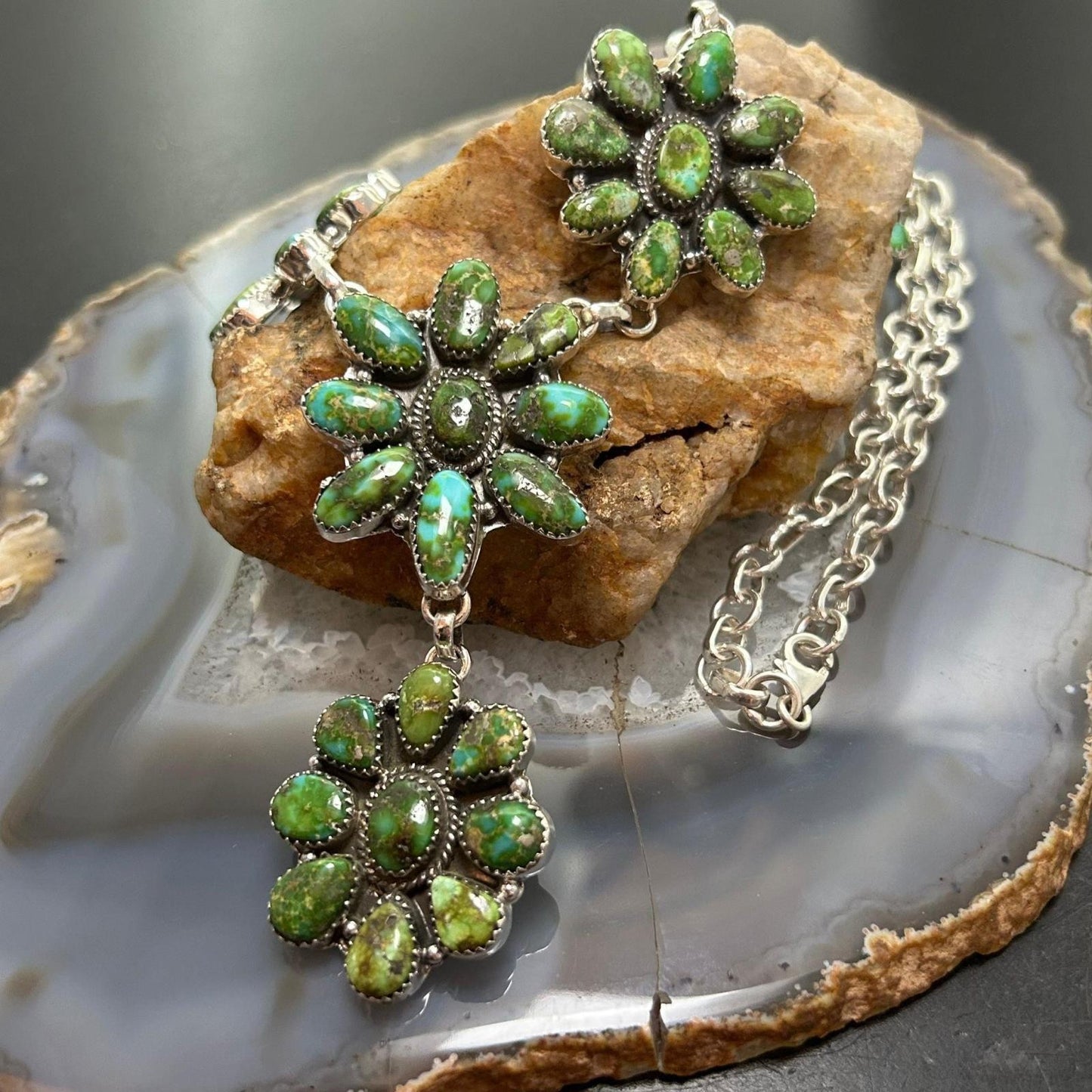 Sterling Silver Southwestern Style Sonora Gold Turquoise Cluster 19" Necklace For Women