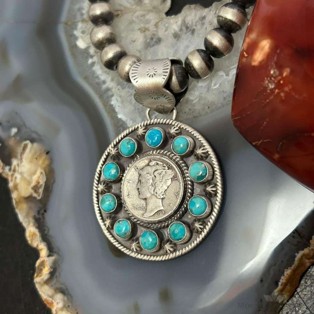 Genuine 1943 90% Silver Mercury Dime Coin Mohave Turquoise Unisex Pendant