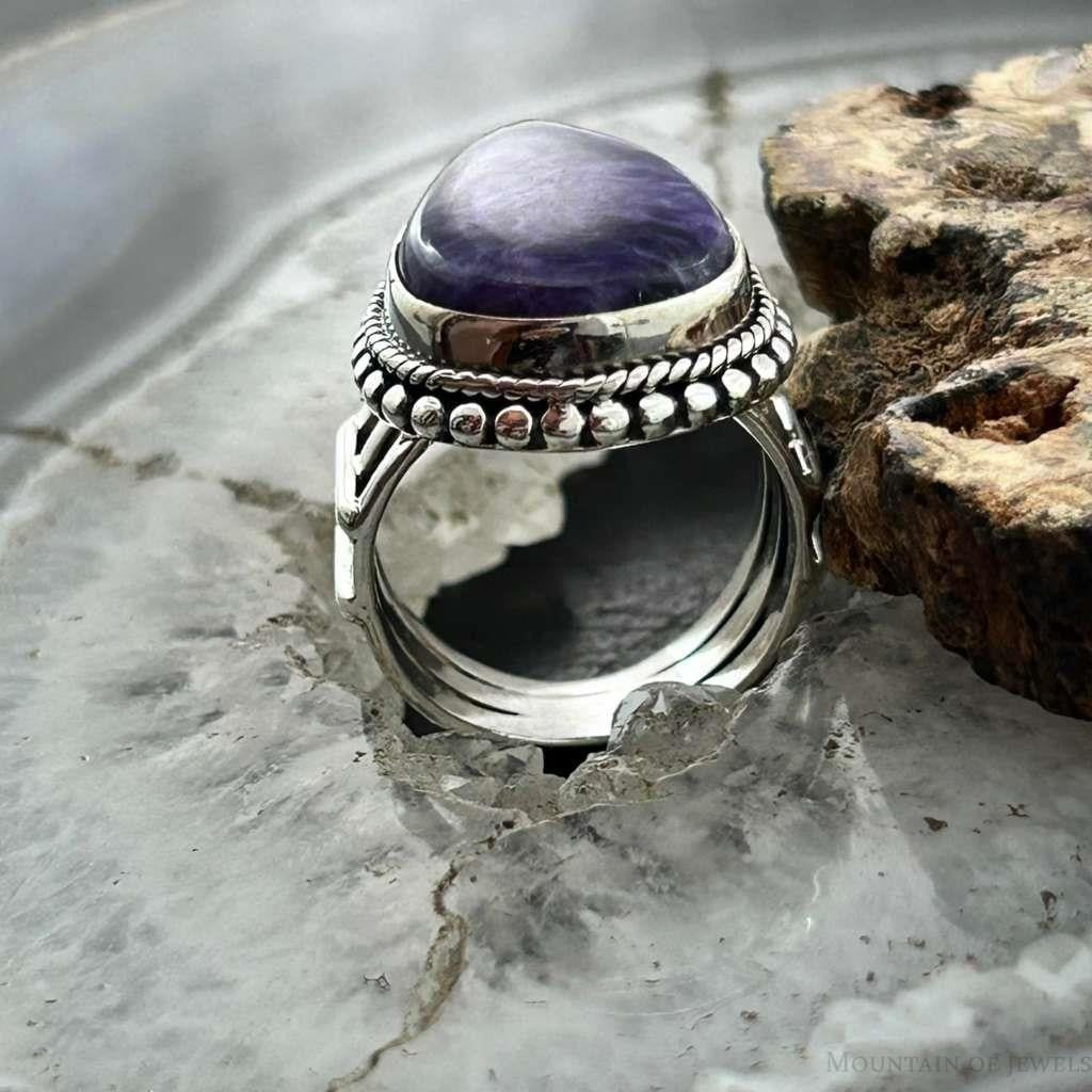 Sterling Silver Southwestern Style Teardrop Charoite Decorated Ring Size 7.5 For Women