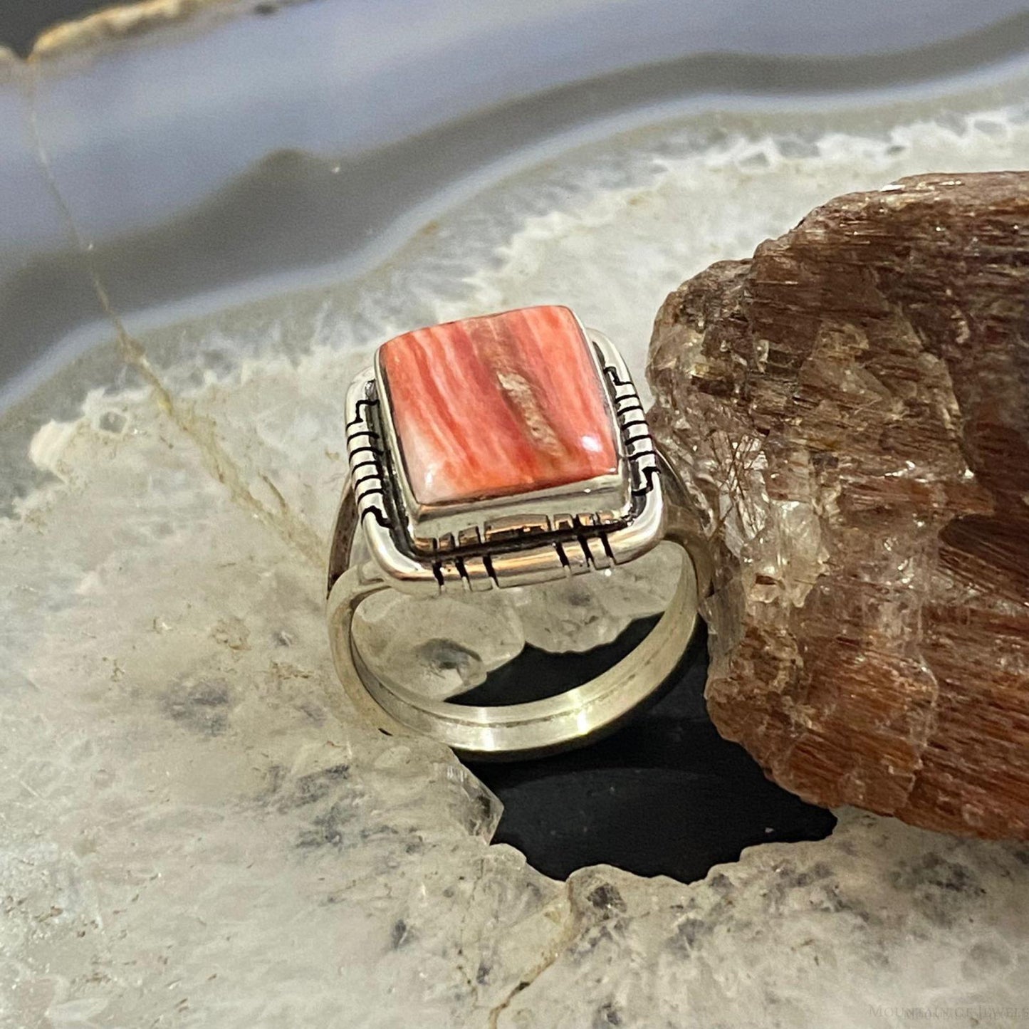 Native American Sterling Silver Orange Spiny Oyster Bar Ring Size 8.25 For Women