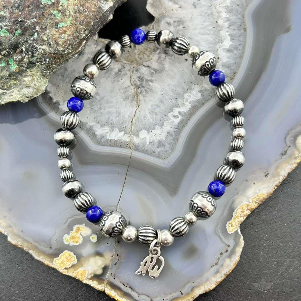 Carolyn Pollack Sterling Silver Navajo Pearl Style Bead & Lapis Bead Stretch Bracelet For Women
