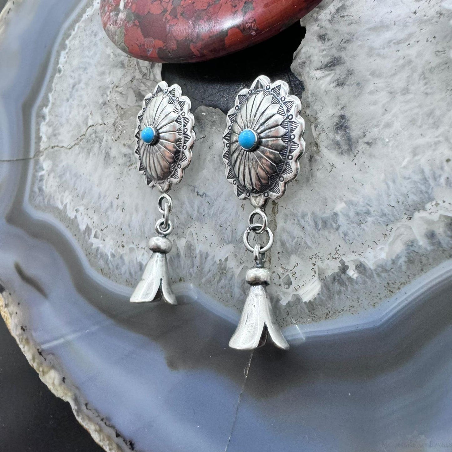 Native American Sterling Oval Concho w/Turquoise Squash Blossom Dangle Earrings