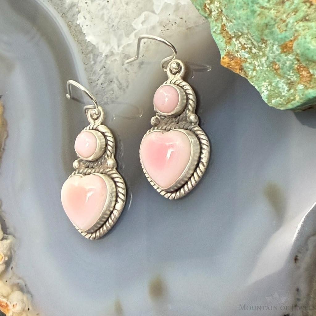 Sterling Silver Southwestern Style Heart Pink Conch Dangle Earrings For Women