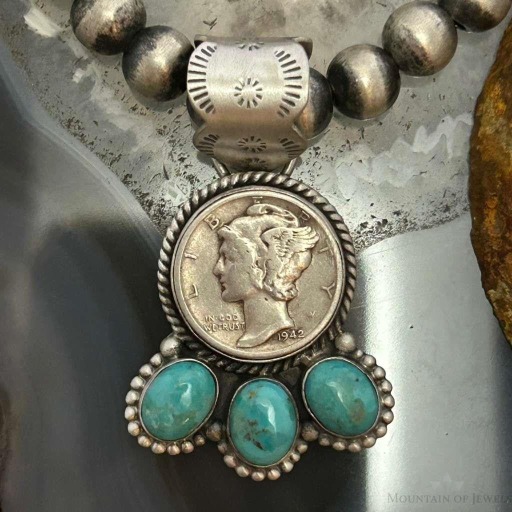 Genuine 1942 90% Silver Mercury Dime Coin Mohave Turquoise Unisex Pendant