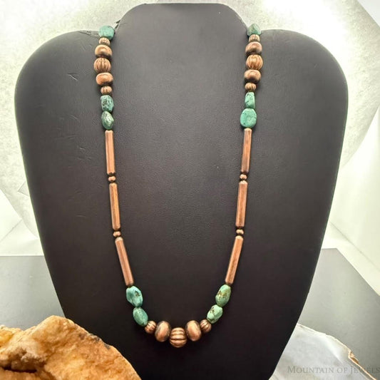 Southwestern Style 3-9.5mm Copper Navajo Pearl Round,Cylinder w/Carico Lake Turquoise 22" Necklace For Women
