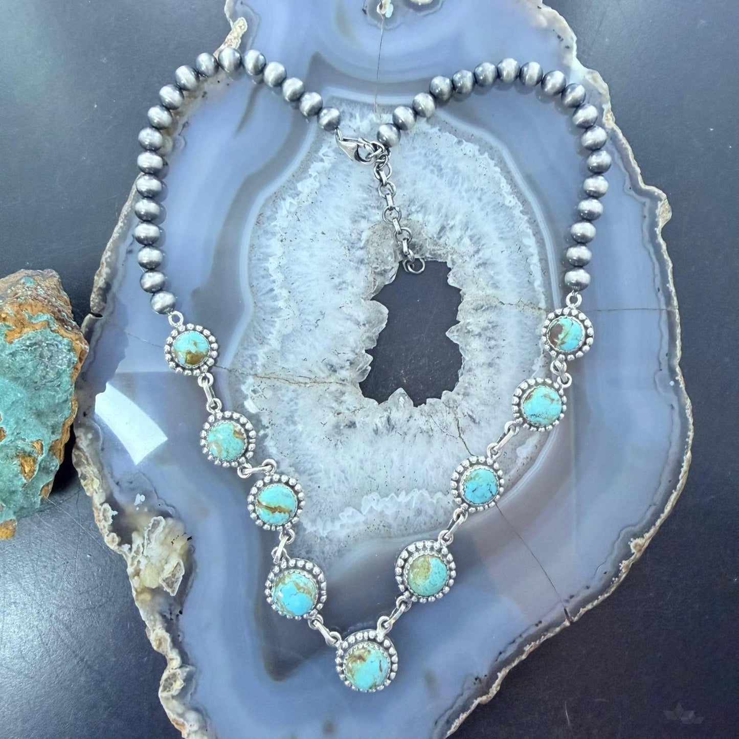 Sterling Southwestern Style Rounded Turquoise & 5mm Navajo Pearl Beads Necklace For Women