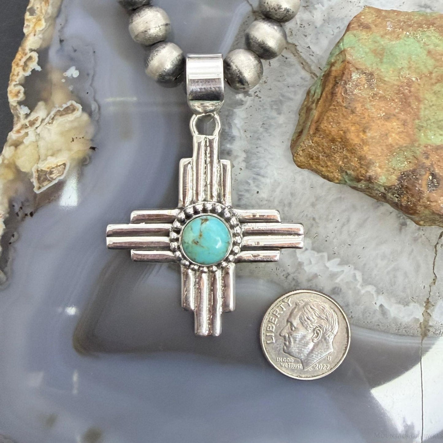 Sterling Silver Southwestern Style Rounded Mohave Turquoise Unisex  Zia Pendant #1