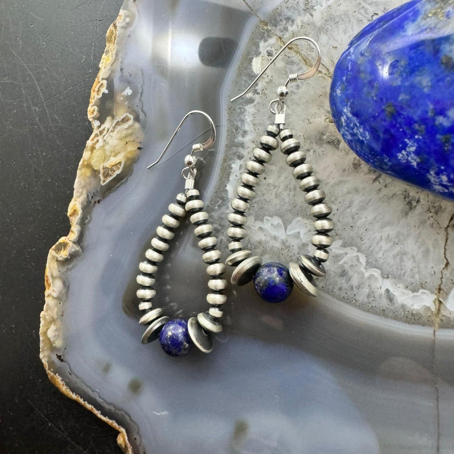 Sterling Silver Graduated Navajo Pearl Beads & Lapis Hoop Dangle Earrings For Women