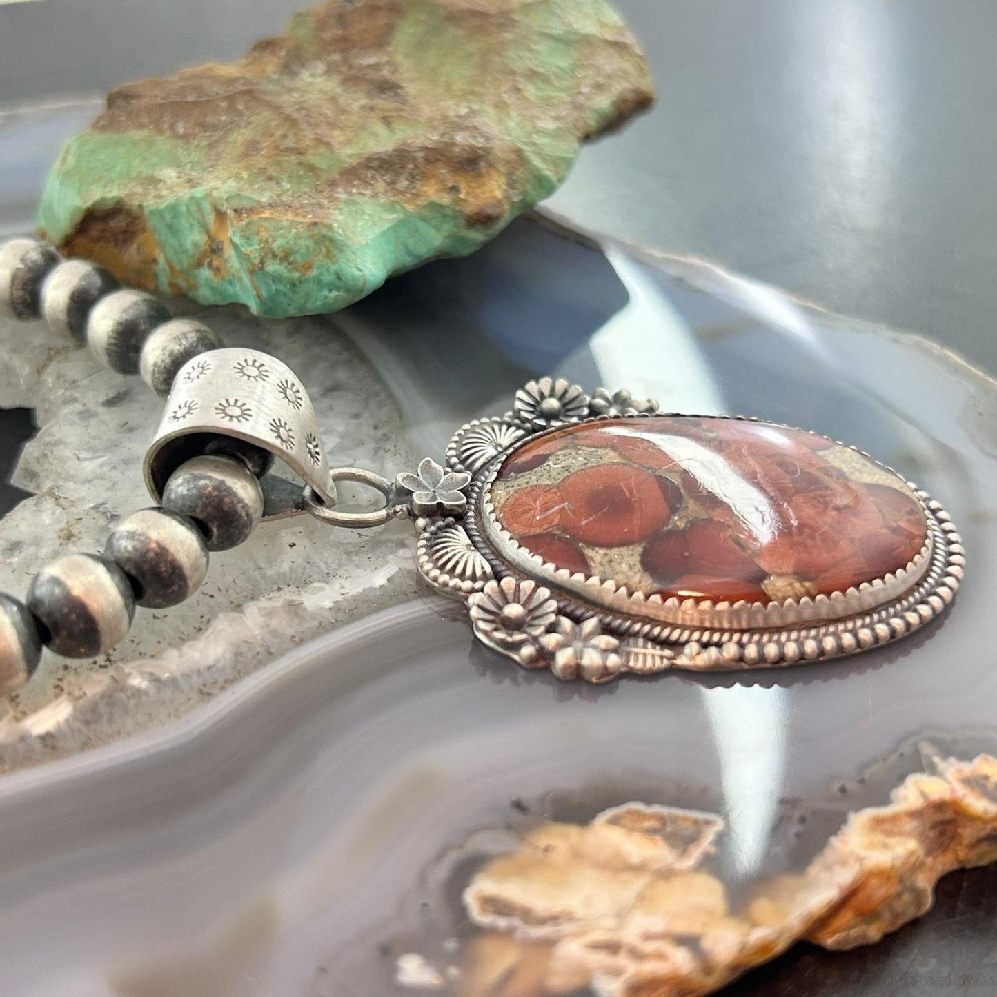 Sterling Silver Southwestern Style Oval Peanut Obsidian Decorated Pendant For Women