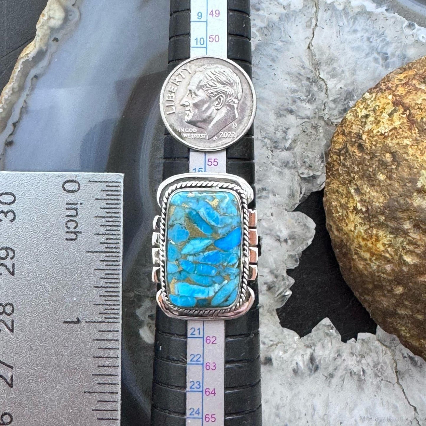 Sterling Southwestern Style Cooper Turquoise Decorated Bar Ring Size 8.5 For Women