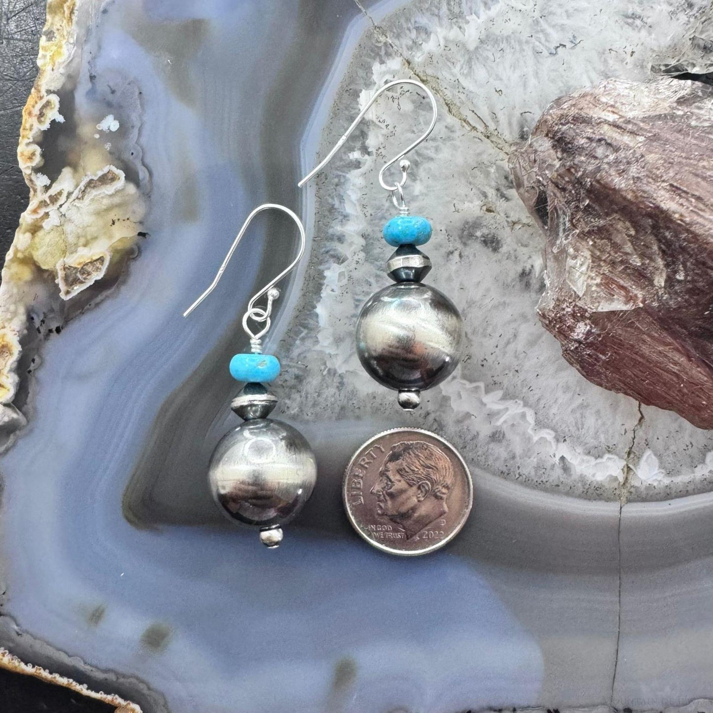 Native American Sterling Silver Navajo Pearl Bead w/Turquoise Dangle Earrings For Women