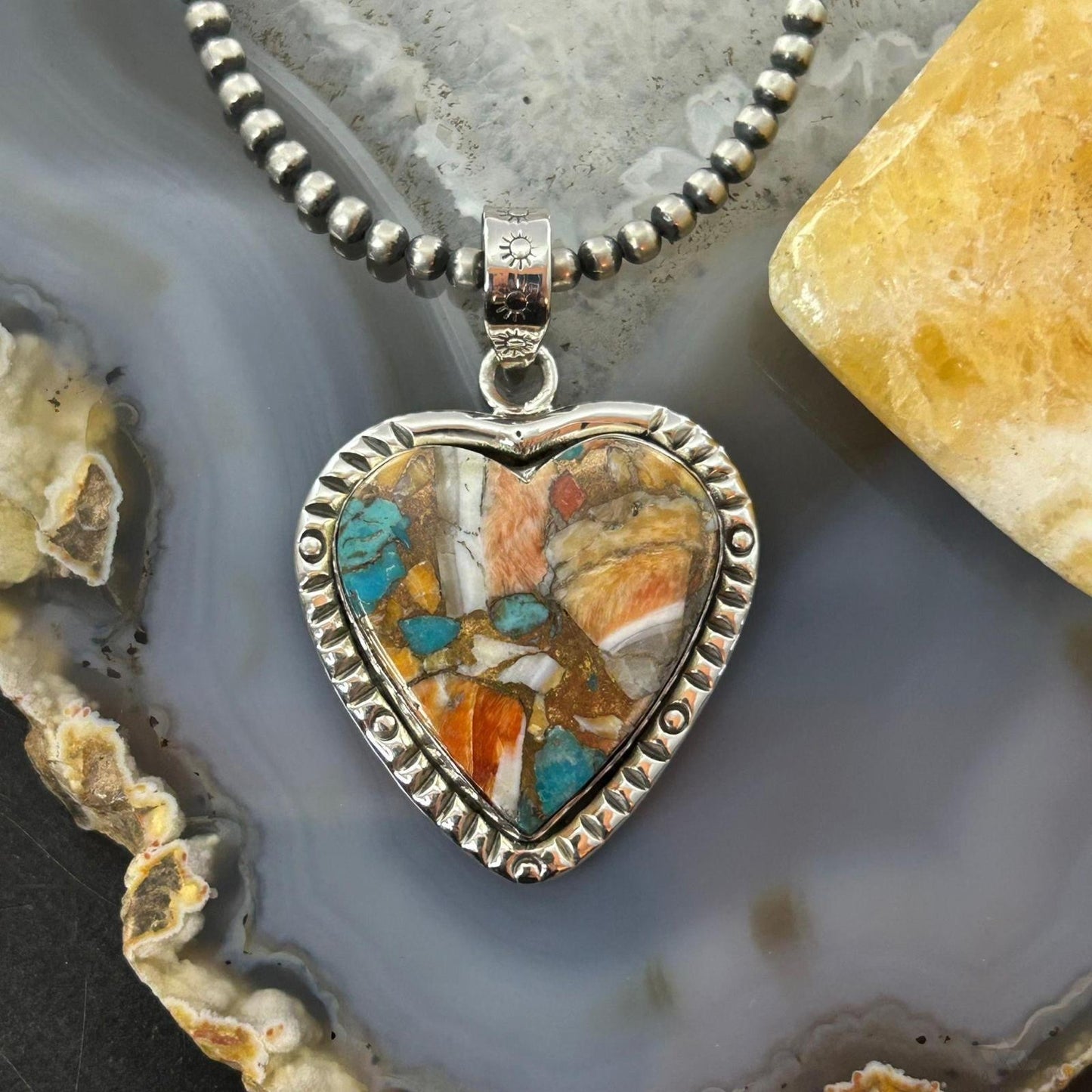 Sterling Silver Southwestern Style Turquoise Spiny Oyster Heart Pendant For Women
