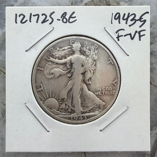 1943-S US Walking Liberty Half Dollar 90% Silver F-VF #121725-8E