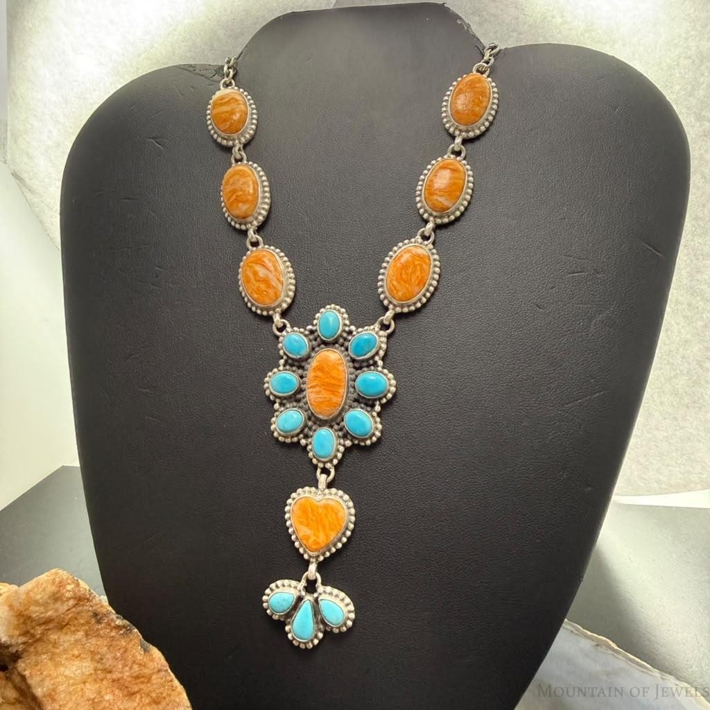 Sterling Silver Southwestern Style Spiny Oyster&Turquoise Cluster Lariat 23.5" Necklace For Women