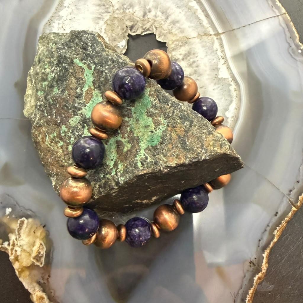 Southwestern Style Copper 10mm Navajo Pearl Beads&10mm Charoite Stretch Bracelet For Women