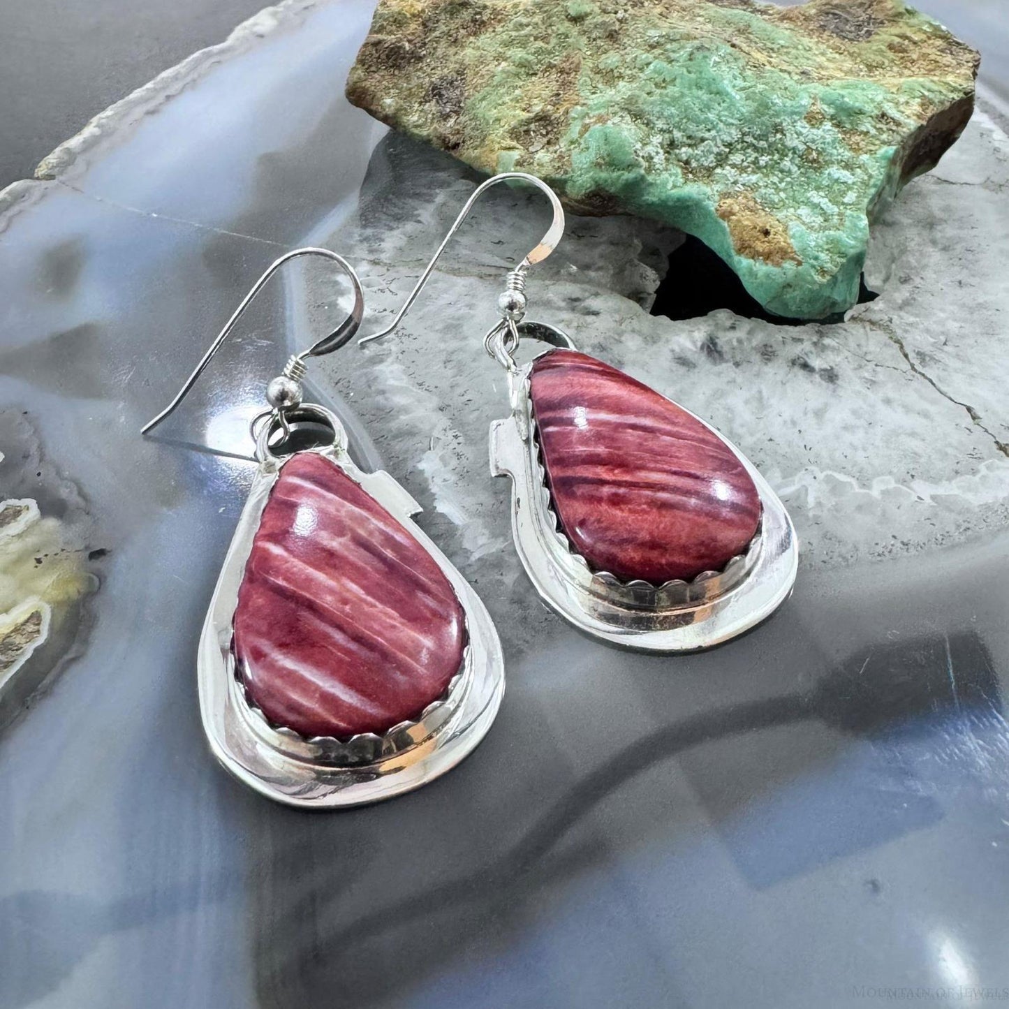 Frank Chavez Native American Sterling Silver Teardrop Spiny Oyster Dangle Earrings For Women