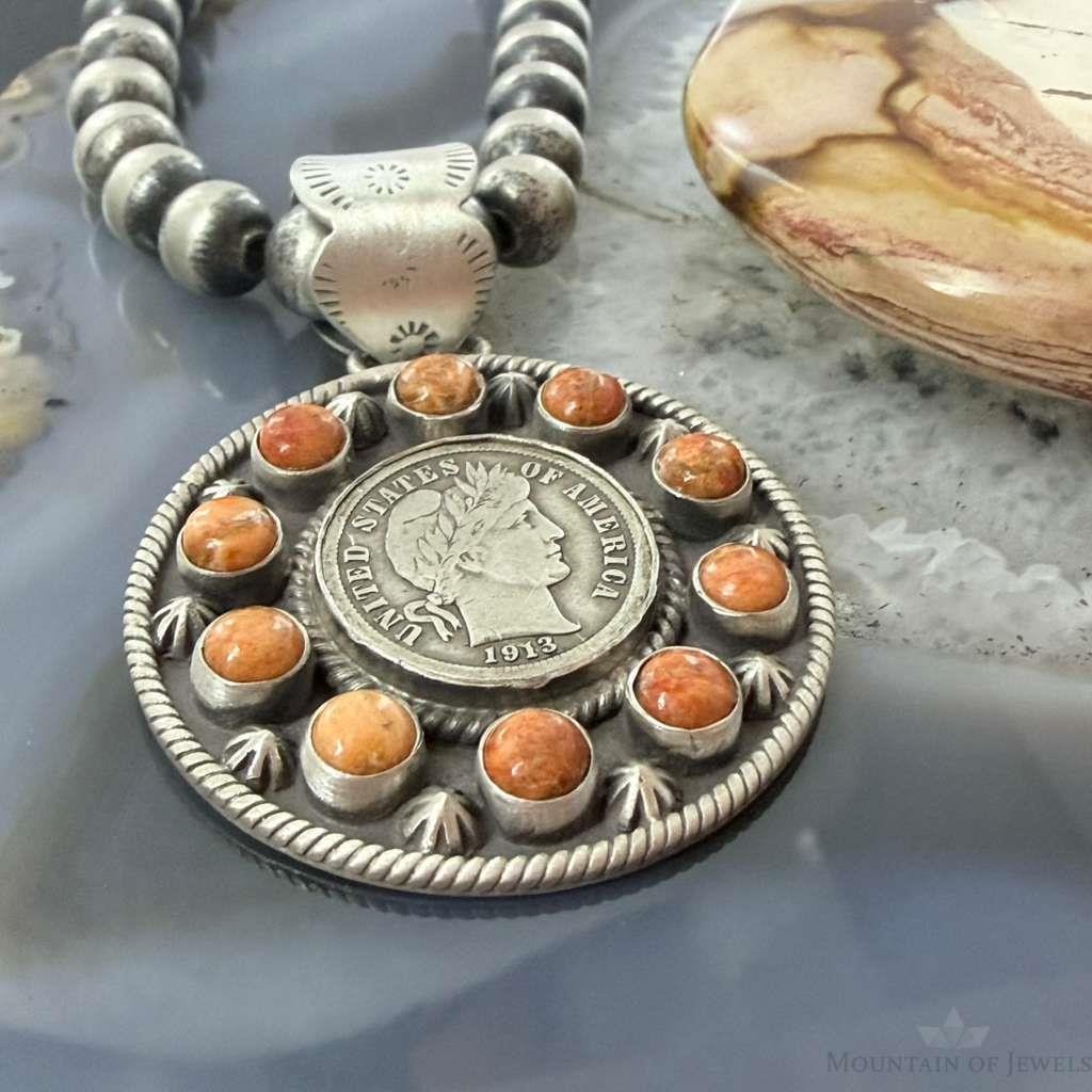 Genuine 1913 90% Silver Barber Head Dime Coin w/Orange Spiny Oyster Pendant