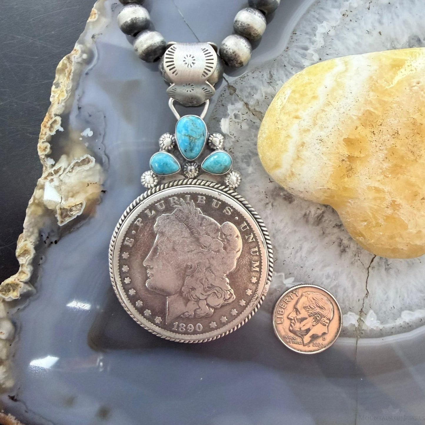 Genuine 1890 90% Morgan Silver Dollar Coin Turquoise Decorated Unisex Pendant