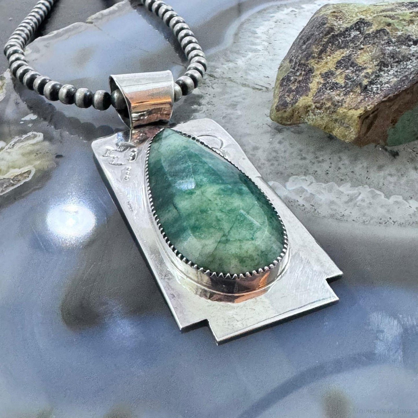 Frank Chavez Native American Sterling Silver Teardrop Faceted Moss Agate Pendant