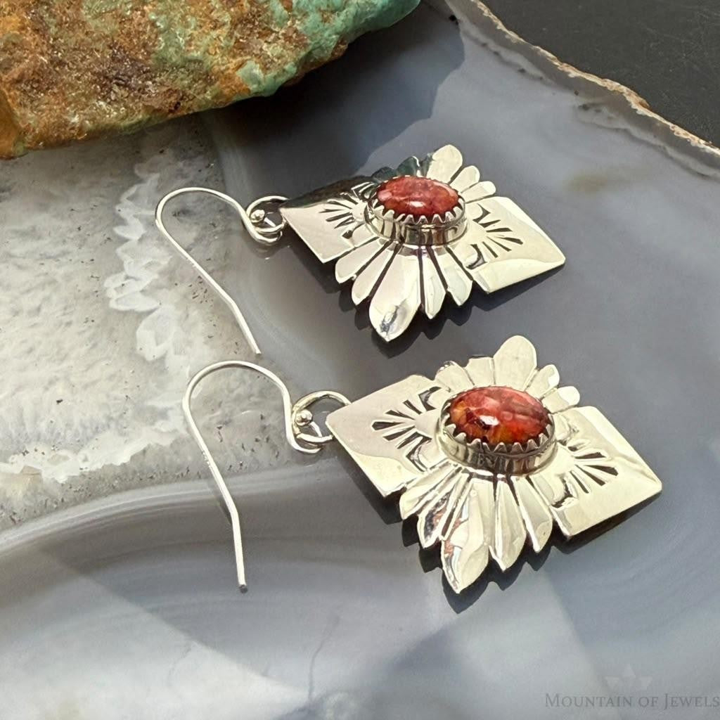 Michael Nez Sterling Silver Spiny Oyster Pueblo Life Dangle Earrings For Women